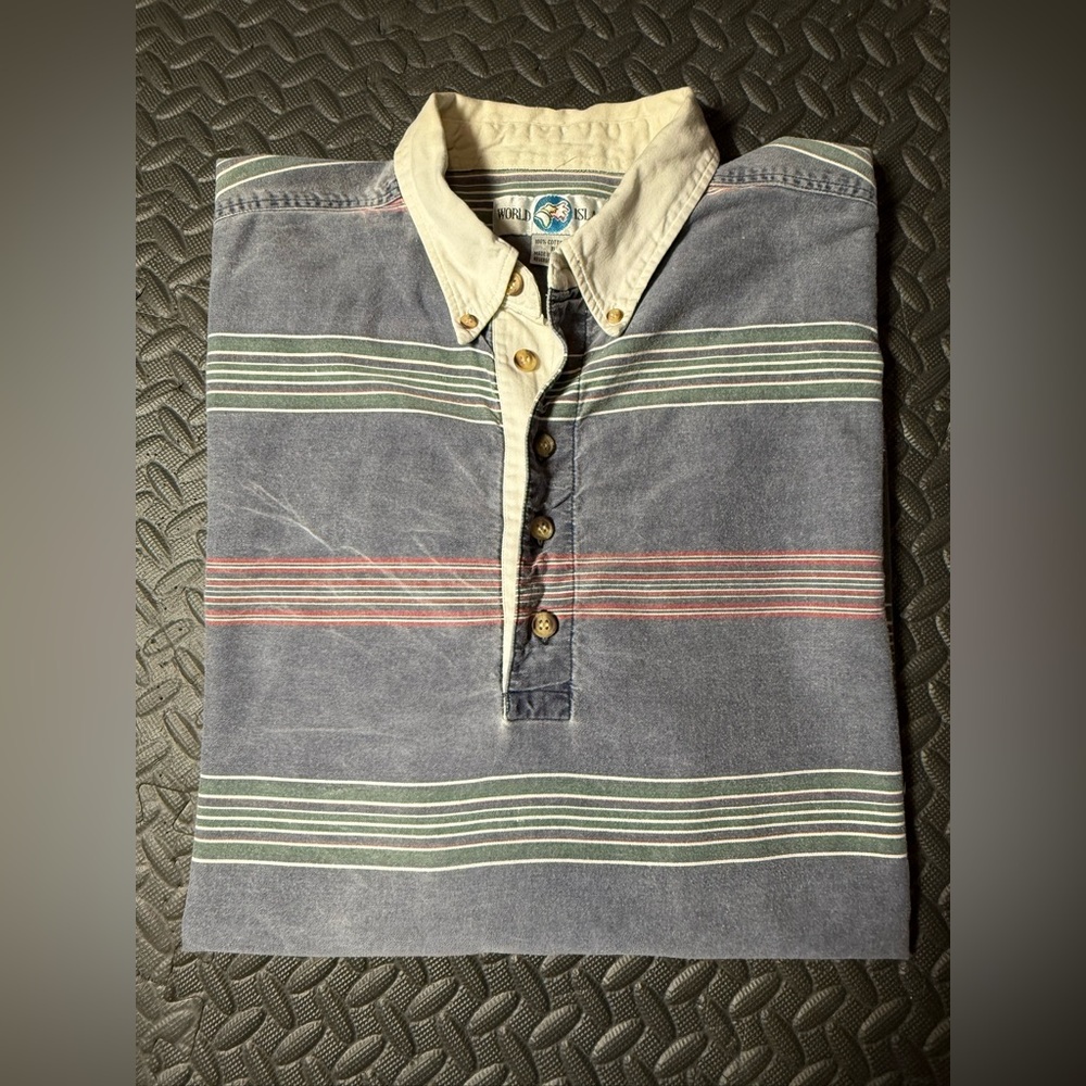 World Island 90’s Vintage Blue and Cream Striped Men's Chambray Shirt XL